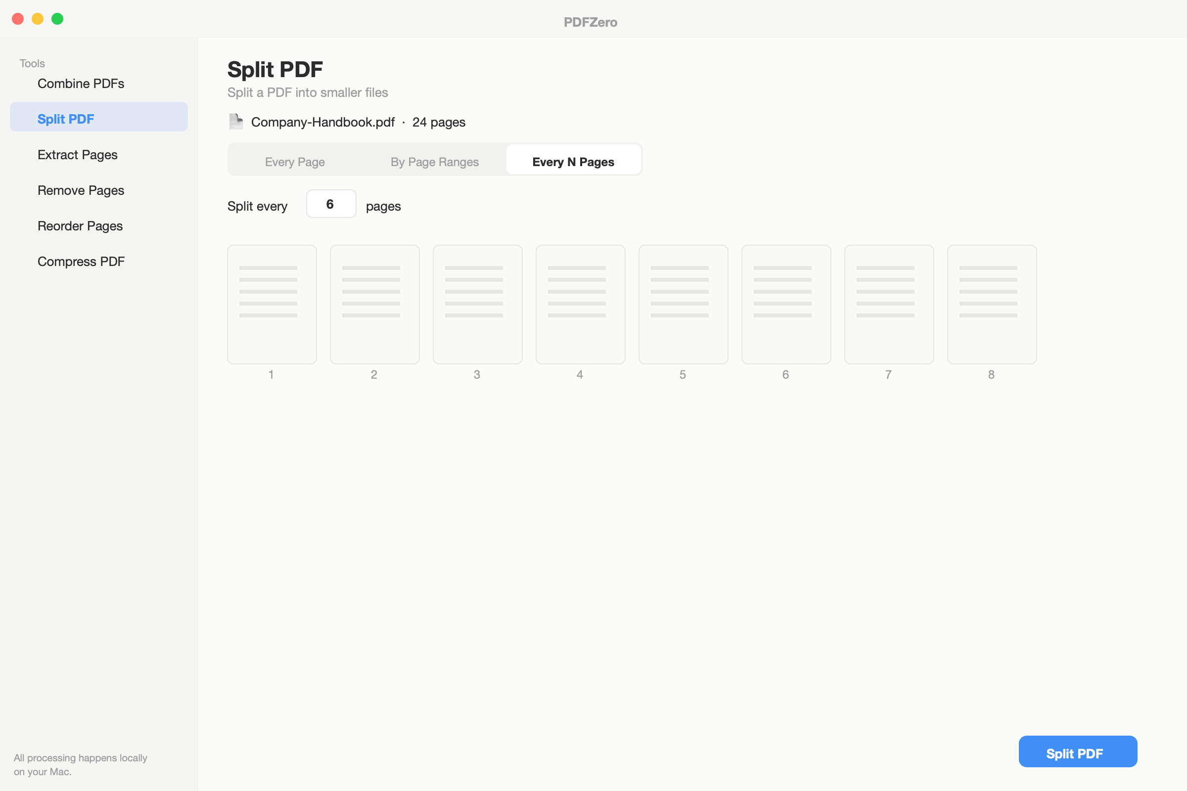 Split PDF by page ranges or every N pages