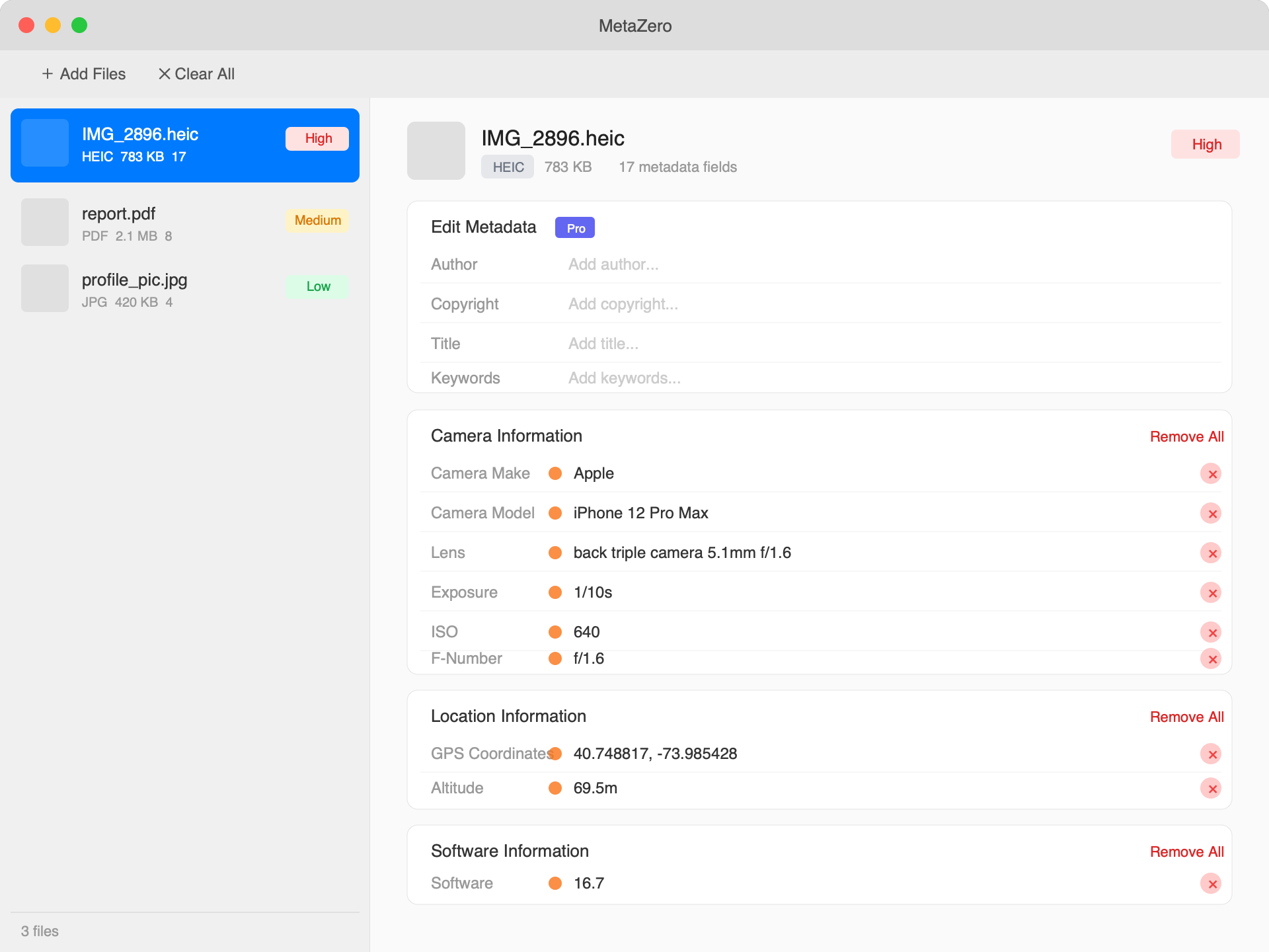 MetaZero metadata viewer — view camera, GPS, and software metadata with inline remove buttons