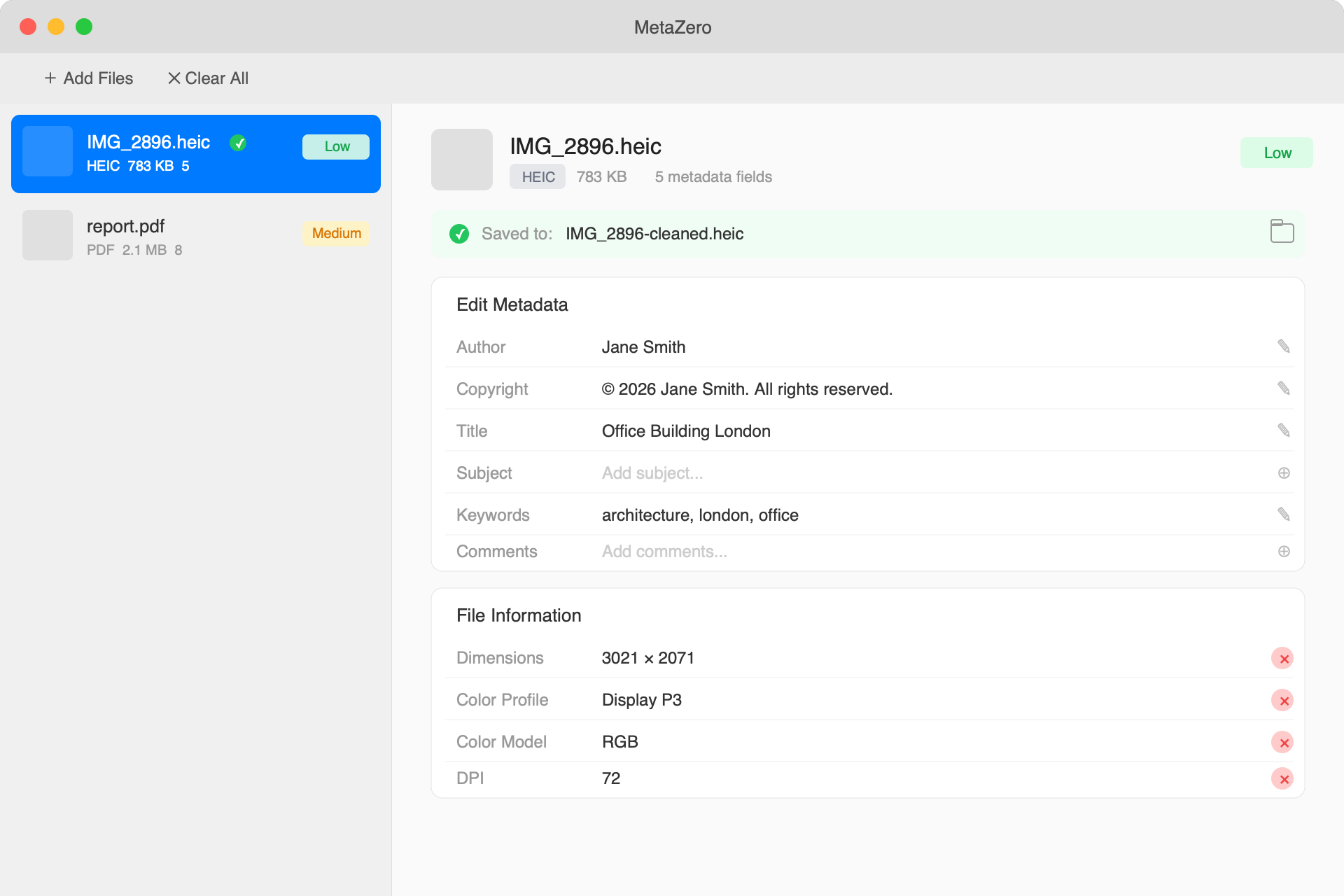 MetaZero edit and save — edit metadata fields and save cleaned file with privacy risk reduced to Low