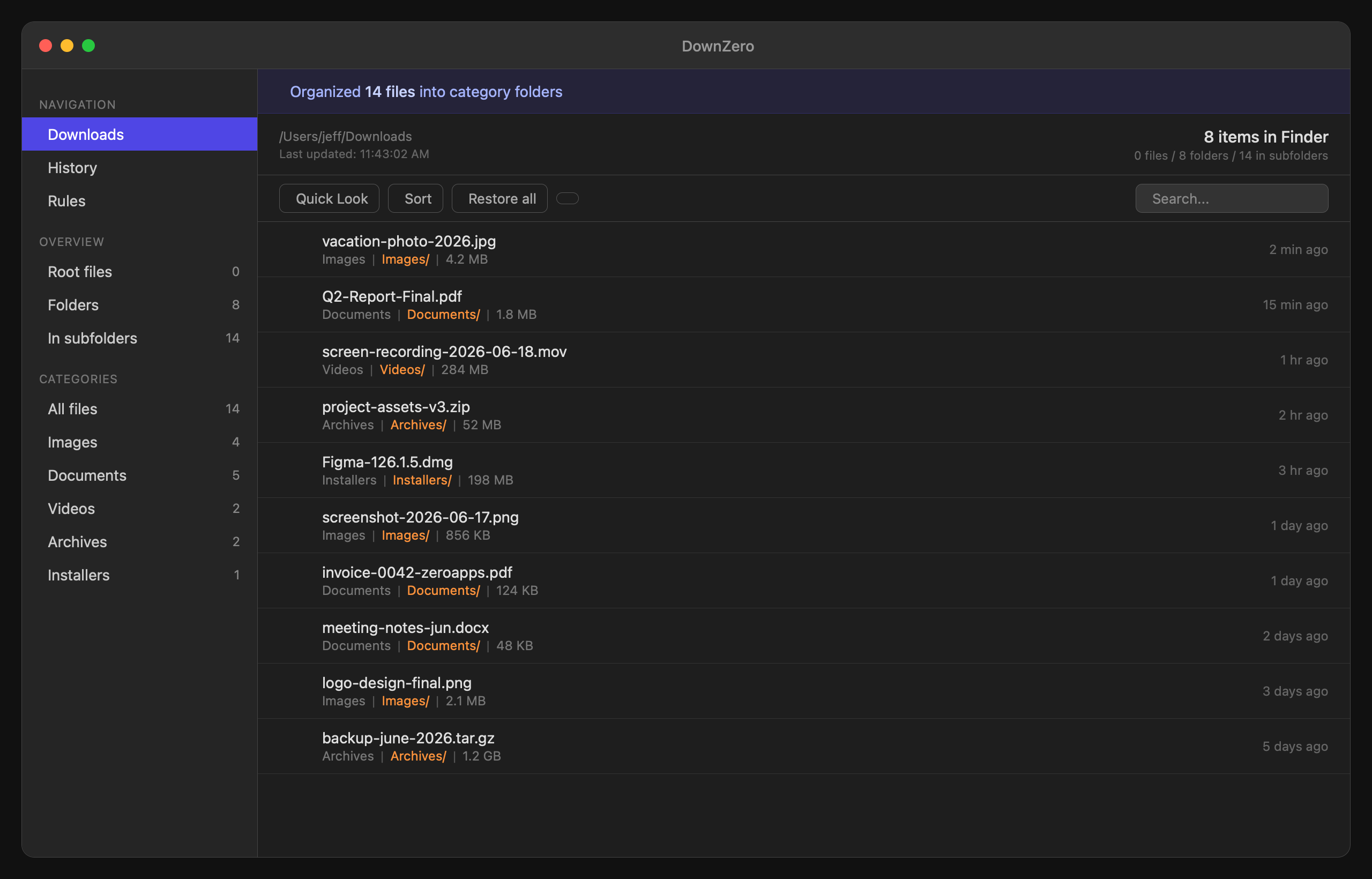 Files organized into category folders