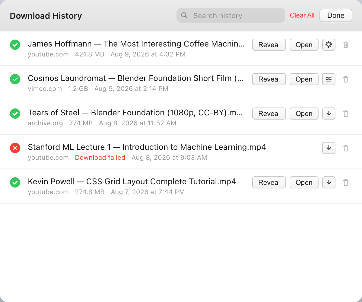 Download history with search, file sizes, dates, and quick access buttons