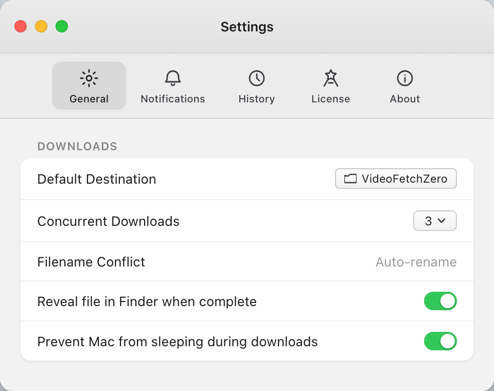 General settings showing destination folder, concurrent downloads, and toggles