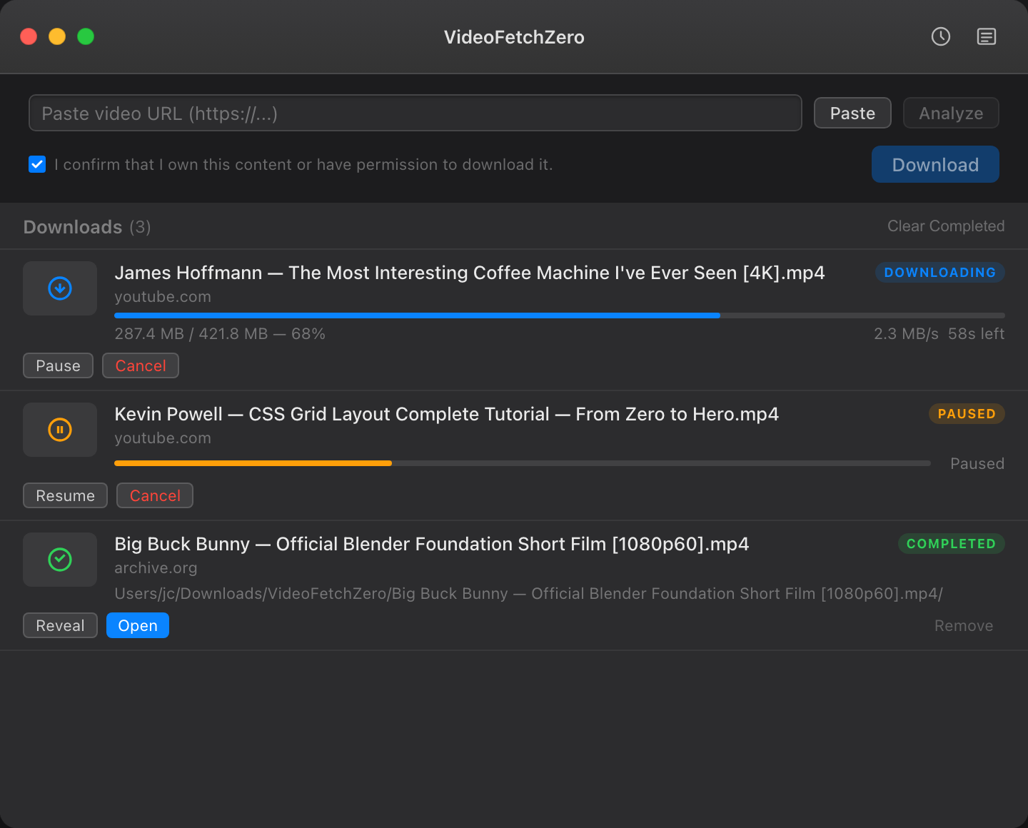 VideoFetchZero in dark mode with an active download queue