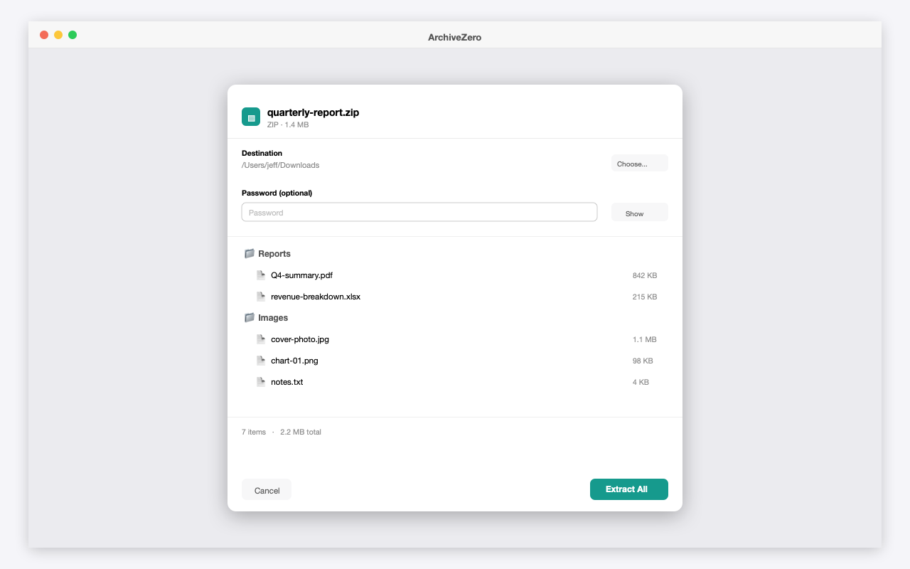 Extract sheet showing archive file listing with folders, files, sizes, and password field