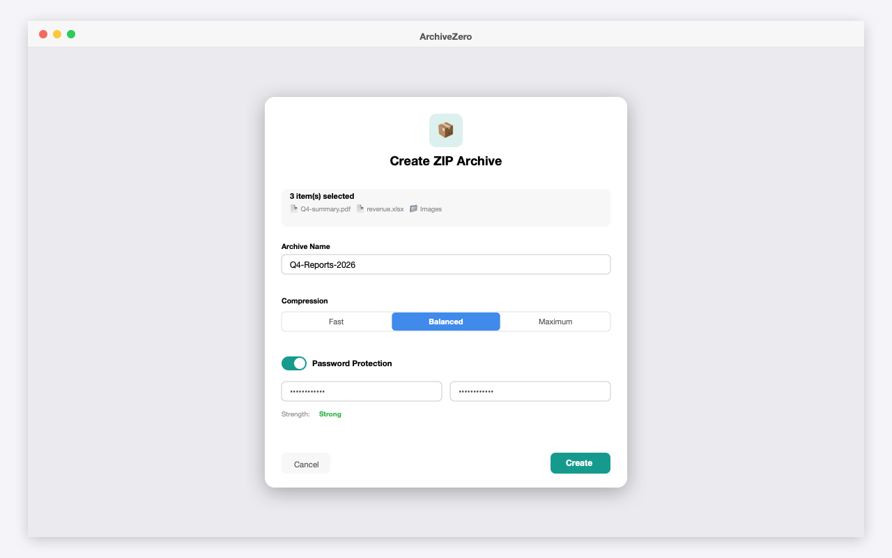 Create ZIP Archive dialog with compression level and password protection toggle