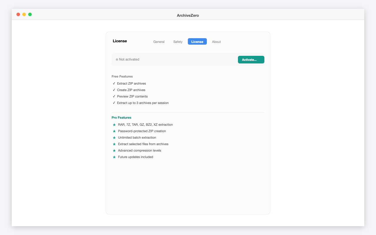 License settings tab showing Free vs Pro feature comparison