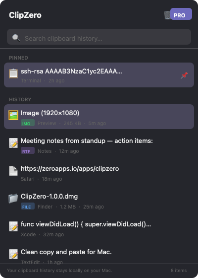 Clipboard history with text, images, files, and pinned snippets