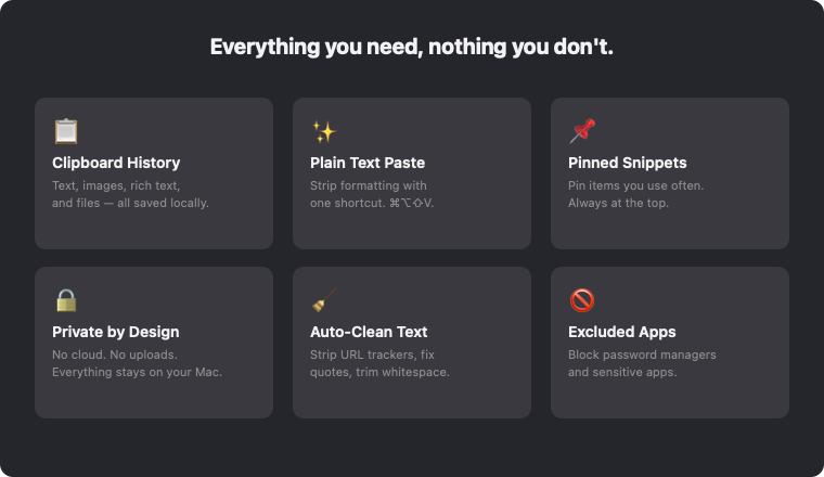 ClipZero features — clipboard history, plain text paste, pinned snippets, privacy, auto-clean, excluded apps