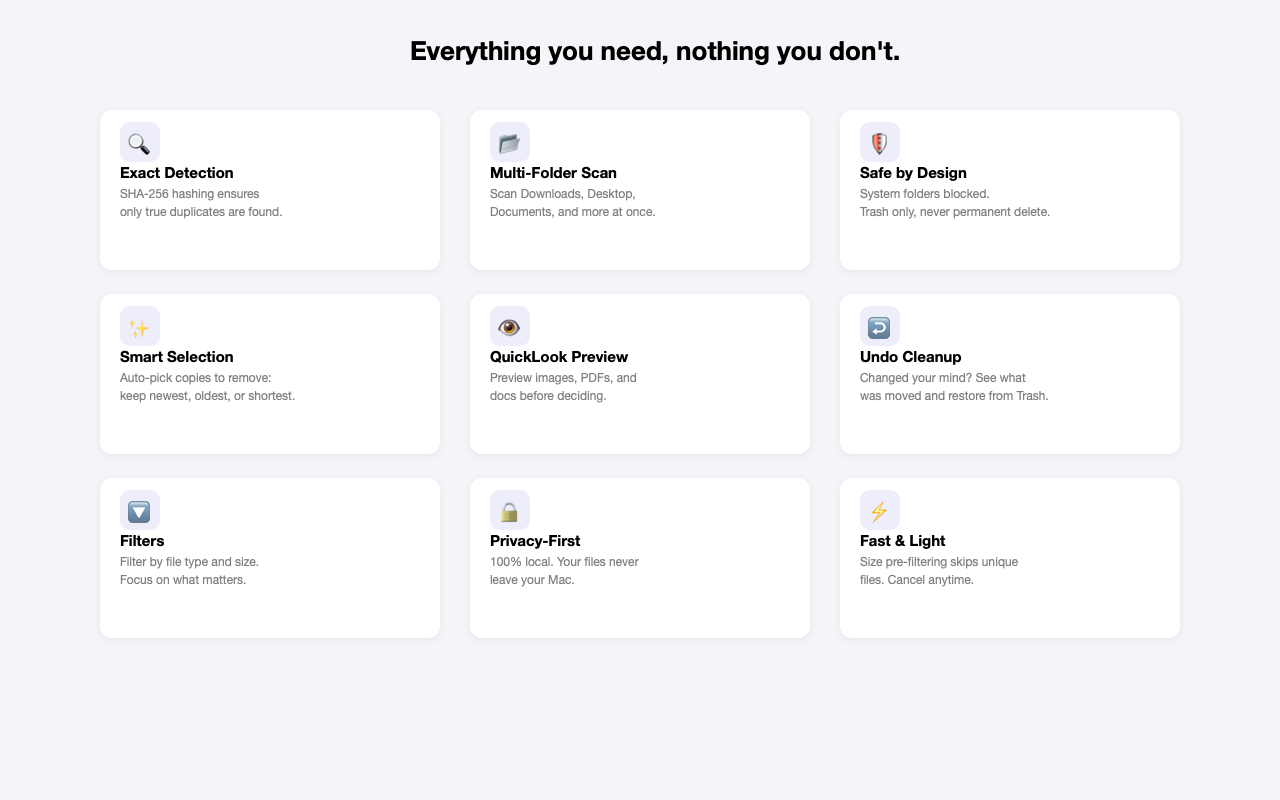 DuplicateZero features overview — exact detection, multi-folder scan, smart selection, privacy-first, and more