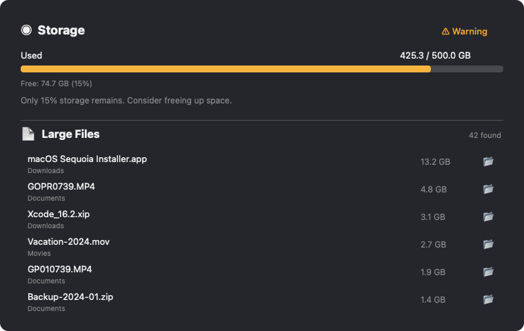 Storage check and large file finder with file sizes