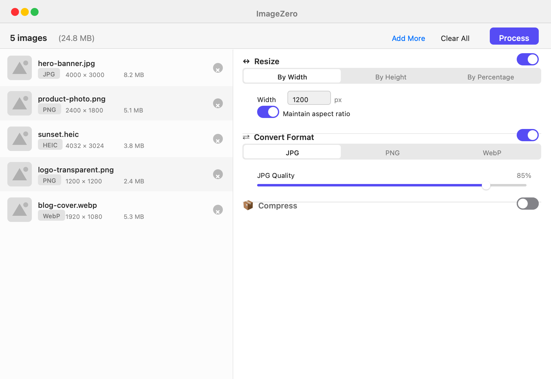 Resize, convert and compress settings in one view