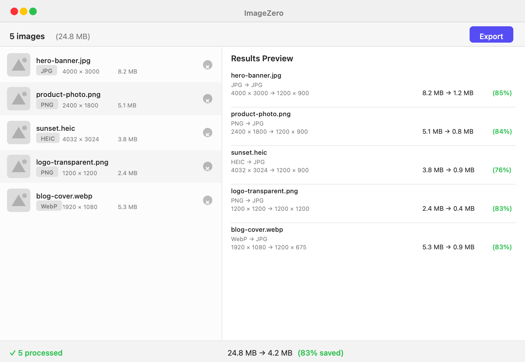 Results preview showing file size savings
